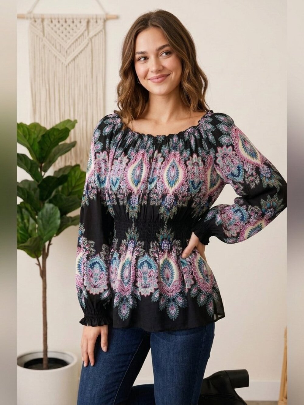 Melissa Paige Women’s Paisley Print Boho Size Large Long Sleeve Shirred Blouse
